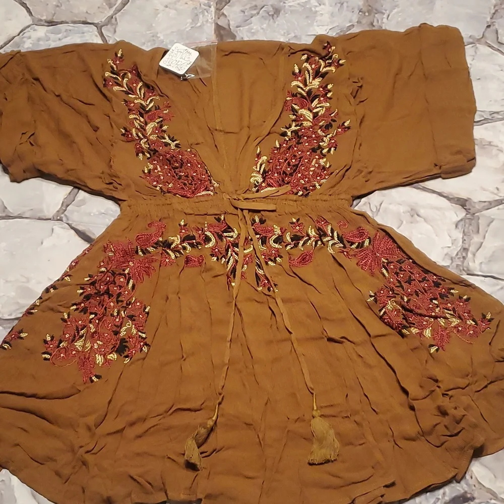NWT Free People Pretty Pineapple Embroidered Dress S Brown Floral Boho V Neck - Picture 11 of 16